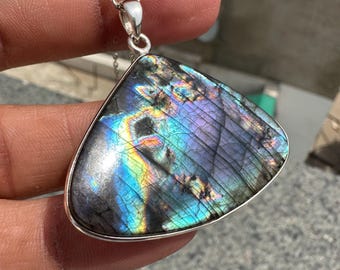 Spectrolite Silver Pendant Necklace | Natural Flashy Gemstone, Sterling Labradorite Pendant