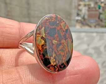 Bague imposante en argent sterling et pietersite naturelle, bijou bohème en pierre précieuse bleue et brune