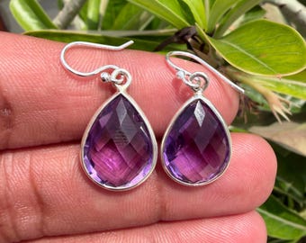Handmade Faceted Amethyst Earrings, 925 Sterling Silver, Natural Gemstone