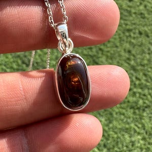 May include: A silver pendant necklace featuring an oval-shaped, dark brown gemstone with intricate patterns. The gemstone is set in a silver bezel and hangs from a delicate silver chain. The pendant is held up by a person's fingers.