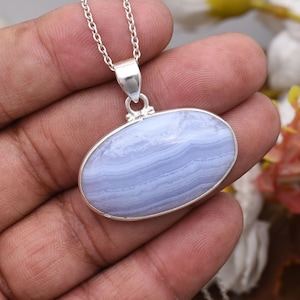 Natural Blue Lace Agate Gemstone Pendant Necklace 925 Sterling Silver Necklace Handmade Jewelry Necklace Gift For Her