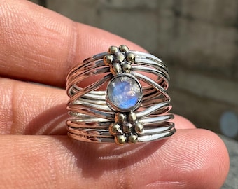 Rainbow Moonstone Sterling Silver Statement Ring, Bohemian Artisan Jewelry