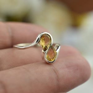 Genuine Citrine Gemstone Ring in 925 Sterling Silver, Dainty Citrine Silver Two Stone Ring, Minimalist Ring, Engagement Ring Gift For Mom