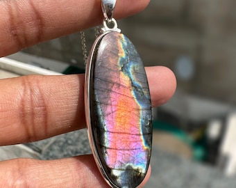 Genuine Spectrolite Gemstone Pendant Necklace, 925 Sterling Silver, Handmade Jewelry