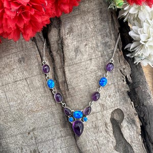 Handmade Amethyst HK Opal Necklace: 925 Sterling Silver Jewelry