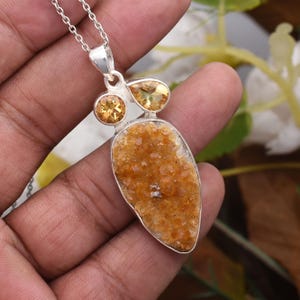 Natural Citrine Druze Gemstone Pendant Necklace 925 Sterling Silver Necklace Handmade Jewelry Necklace Gift For Her