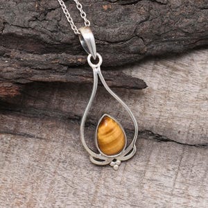 Genuine Tiger Eye Gemstone Pendant Necklace 925 Sterling Silver Necklace Solid Silver Necklace Handmade Jewelry Necklace