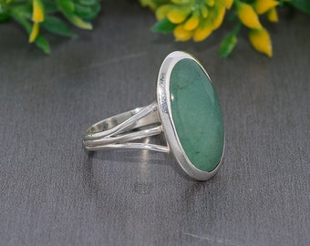 Genuine Green Aventurine Gemstone Ring 925 Sterling Silver Ring , Plain Stone Ring , Gemstone Stacking Ring , Minimalist Ring Gift For Her