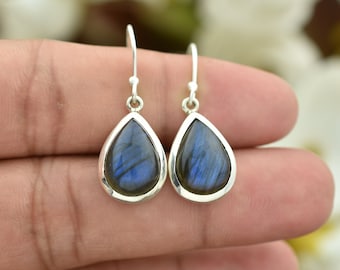 Blue Flash Labradorite Dangle Earrings, 925 Sterling Silver Hook