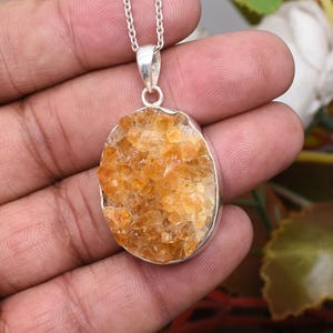 Genuine Citrine Druze Gemstone Pendant Necklace 925 Sterling Silver Necklace Solid Silver Necklace Handmade Jewelry Necklace