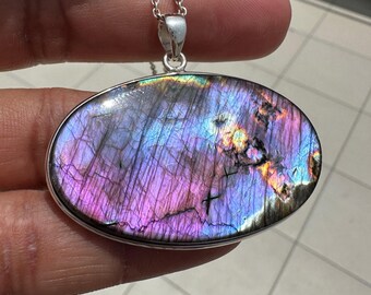 Purple Spectrolite Gemstone Pendant Necklace, 925 Sterling Silver, Natural Stone Jewelry