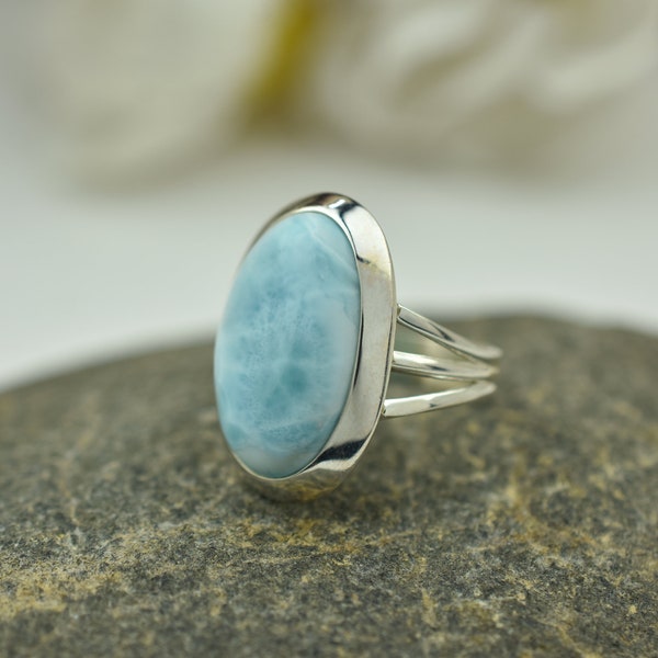 Genuine Larimar Gemstone Ring 925 Sterling Silver Ring Solid Silver Ring Women Vintage Ring Handmade Jewelry Ring Gift For Her