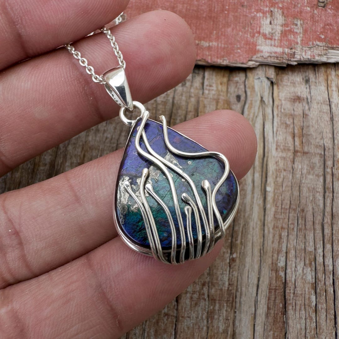 Faceted Ammolite Necklace 925 Sterling Silver Necklace Adjustable Chain