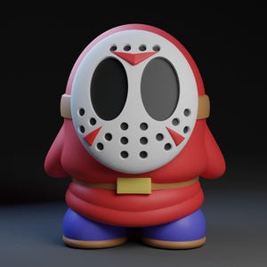 Peut inclure: Un personnage 3D en 3D portant un masque de hockey blanc avec des trous noirs pour les yeux et des accents rouges, un pantalon rouge, une ceinture jaune et un pantalon bleu.