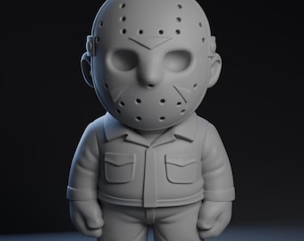 May include: A gray, stylized figure of a character wearing a hockey mask with multiple holes, a collared jacket, and pants. The figure has a rounded head and body, with small hands and feet. The background is a gradient of dark gray.