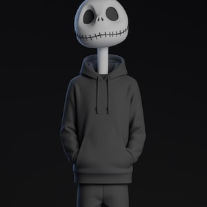 May include: A 3D rendered figure of Jack Skellington wearing a dark grey hoodie and matching trousers. The character's iconic white head features large black eye sockets and a stitched smile. The figure stands against a dark background.