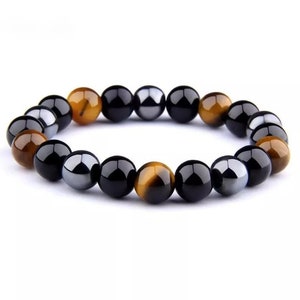 Triple Protection Bracelet- Tiger&#39;s Eye, Black Obsidian, Hematite for Protection, and Balance-Healing Energy Bracelet India Made 8mm