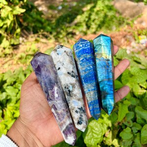 Double terminated Crystal points, Labradorite, Rainbow Moonstone,Lapiz lazuli , Amethyst. Double Terminated Crystal Towers for healing.