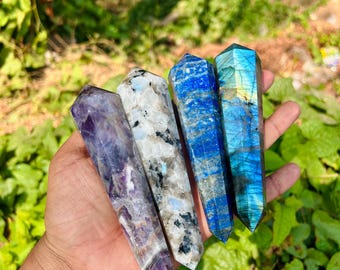 Double terminated Crystal points, Labradorite, Rainbow Moonstone,Lapiz lazuli , Amethyst. Double Terminated Crystal Towers for healing.