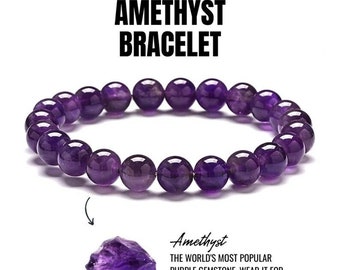 May include: A circular bracelet made of polished, deep purple amethyst beads. Above the bracelet, the text reads AMETHYST BRACELET. Below, a raw, unpolished purple amethyst stone is shown with text stating: Amethyst THE WORLD'S MOST POPULAR PURPLE GEMSTONE. WEAR IT FOR INNER PEACE AND HEALING.