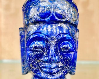 Lapis Lazuli Buddha Head, Hand-Carved Pyrite Inclusions, Luxury Altar Decor