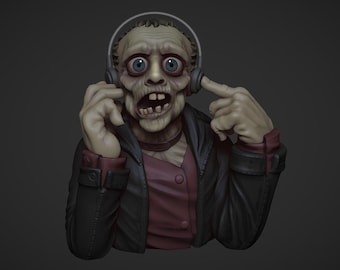 Puede incluir: Un modelo 3D impreso de un zombie con una chaqueta de cuero negra y una camisa roja, escuchando música con auriculares.