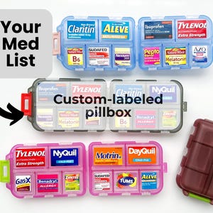 Pastillero de bolsillo personalizado para farmacia: organizador de pastillas de viaje con etiquetas impermeables para medicamentos, pastillero personalizado y pegatinas para pastillero.