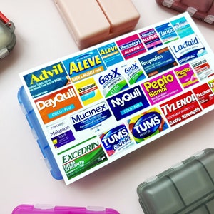 Medicijnetiketten Medicijnetiketten afpellen en plakken Pillendoosetiket Zakapotheeketiketten Stickers Pillendoosje Top 19 medicijnen, 25 medicijnetiketten