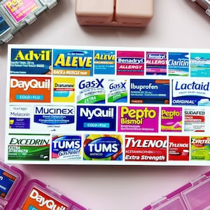 Medicijnetiketten Medicijnetiketten afpellen en plakken Pillendoosetiket Zakapotheeketiketten Stickers Pillendoosje Top 19 medicijnen, 25 medicijnetiketten