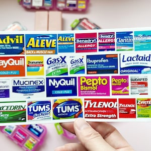 Medicijnetiketten Medicijnetiketten afpellen en plakken Pillendoosetiket Zakapotheeketiketten Stickers Pillendoosje Top 19 medicijnen, 25 medicijnetiketten
