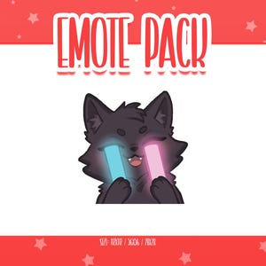 May include: An Emote Pack graphic featuring a black cartoon wolf with glowing blue and pink rectangles. The wolf is smiling with its tongue out. The text "EMOTE PACK" is at the top in red. The background is red with white stars.