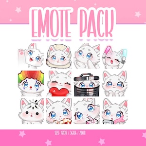 Conjunto de emoticones de gato blanco lindo 1, emoticones de gato chibi para Twitch, emoticones lindos y kawaii, listos para usar en Twitch/Discord