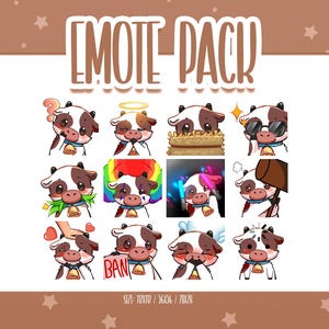 Uroczy zestaw emotikonek brązowej krowy 2, emotikony Chibi Cow Twitch, urocze i kawaii emotikony, gotowe do użycia na Twitch / Discord