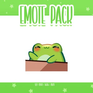 May include: A digital illustration of a green frog with rosy cheeks peeking over a brown ledge. The words "EMOTE PACK" are written in green above the frog. The background is light green with white stars.