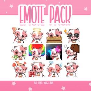 Uroczy różowy zestaw emotikonów krowy 2, emotikony Chibi Cow Twitch, słodkie i kawaii emotikony, gotowe do użycia na Twitch / Discord