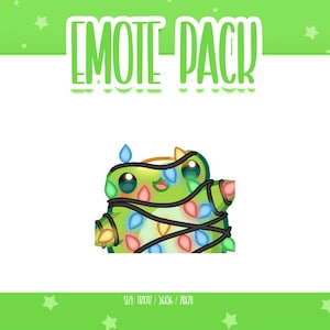 Puede incluir: Una rana verde de dibujos animados envuelta en luces navideñas de colores. La imagen muestra el texto "EMOTE PACK". La rana tiene ojos grandes y una pequeña sonrisa. El fondo es verde con estrellas blancas.