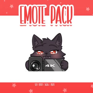 May include: A digital illustration of a black cat with red eyes holding a black video camera with the text "4K" on the screen. The words "EMOTE PACK" are written in red at the top, set against a red background with white stars.