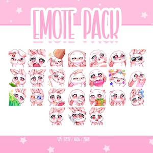 May include: A pink digital art print showcasing a set of bunny emotes with diverse expressions. The bunnies are white with pink details and expressive eyes. The text "EMOTE PACK" is at the top. The background is pink with white stars.