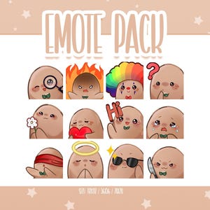 Pode incluir: Um conjunto de 12 emoticons de personagens de desenhos animados marrons com diferentes expressões, incluindo um palhaço, um coração, uma flor, uma auréola, óculos de sol e uma faca. O texto "EMOTE PACK" está no topo da imagem.