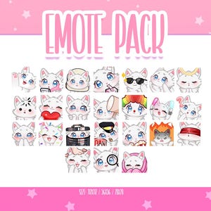 Paquete de lindo gato blanco: 24 emoticones, lindos emoticones de gato blanco para Twitch, emoticones lindos y kawaii, listos para usar en Twitch/Discord
