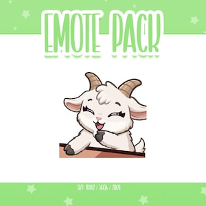 May include: A digital illustration of a white goat character with brown horns, dark eyelashes, and a pink nose, smiling with a hand near its mouth. The text EMOTE PACK is displayed above, and the text SIZE: 112X112 / 56X56 / 28X28 is below.