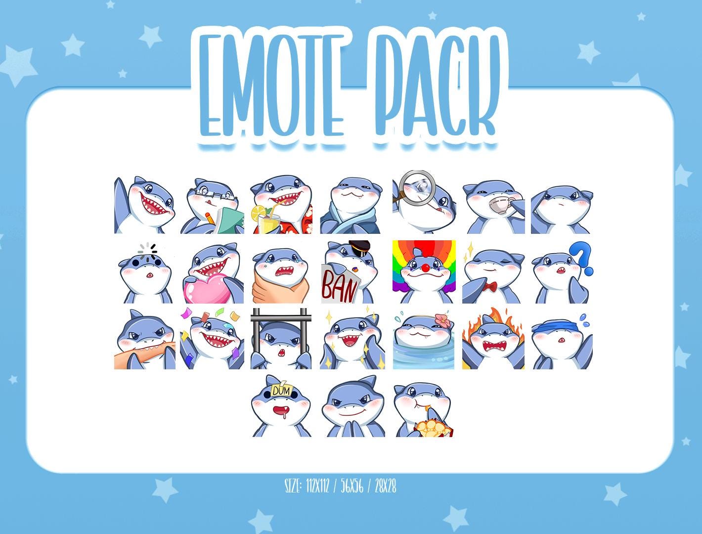 Cute Shark Bundle Pack - 24 Emote, Chibi Shark Twitch Emotes, Cute and Kawaii Emotes, Ready To Use for Twitch / Discord