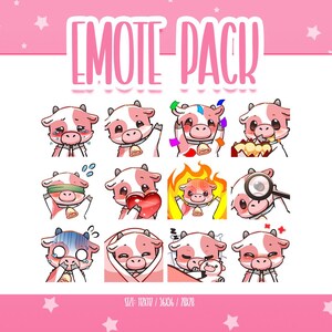 Uroczy różowy zestaw emotikonów krowy 1, emotikony Chibi Cow Twitch, słodkie i kawaii emotikony, gotowe do użycia na Twitch / Discord