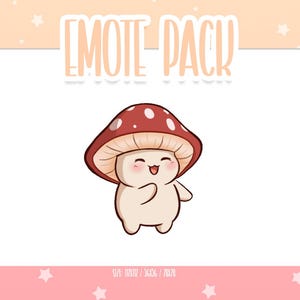 May include: A digital illustration of a smiling mushroom character with a red cap dotted with white spots. The mushroom has a beige stem and is set against a pink and peach background with the text "EMOTE PACK".