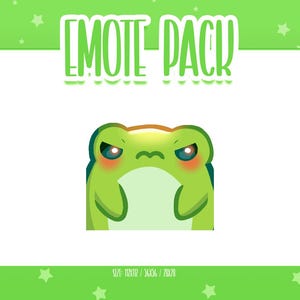 May include: A digital illustration of a green frog with an angry expression, red cheeks, and a white belly. The image is labeled "EMOTE PACK" in green text. The background is white with a green border and stars.