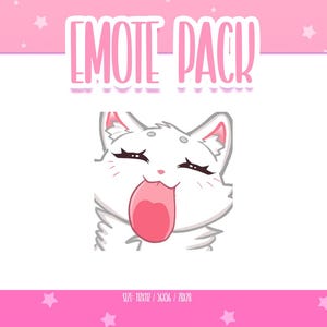 Op de afbeelding: Een digitale Emote Pack-afbeelding met een witte kat die zijn tong uitsteekt. De kat heeft roze binnenoren, gesloten ogen en een roze tong. De tekst "EMOTE PACK" staat bovenaan in roze. De achtergrond is roze met witte sterren.