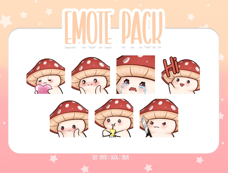 May include: A set of 7 digital mushroom emotes with different expressions, including a heart, a wave, crying, a knife, a candle, and "Hi".