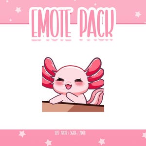 Könnte beinhalten: Eine digitale Illustration eines hellrosa Axolotl-Charakters mit dunkelrosa Kiemen, der mit geschlossenen Augen lächelt und seine Arme auf einen braunen Vorsprung stützt. Der Text EMOTE PACK steht darüber, mit Größenangaben 112x112, 56x56 und 28x28.