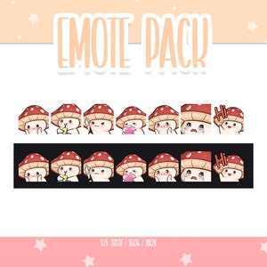 May include: A set of eight red and white mushroom character emotes with different expressions, including smiling, winking, blushing, crying, and saying "Hi".