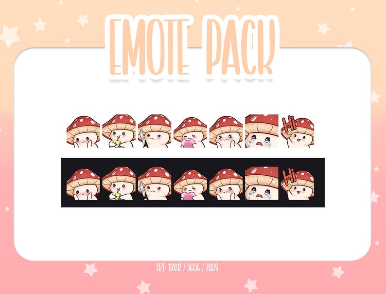 May include: A set of eight red and white mushroom character emotes with different expressions, including smiling, winking, blushing, crying, and saying "Hi".